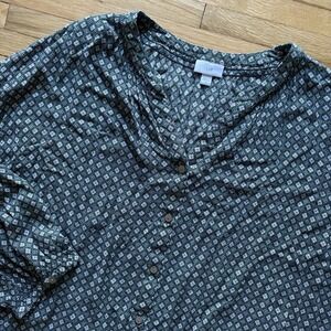 J. Jill Women's Green Blue Floral Button Up Blouse 2X Lightweight Geometric Boho